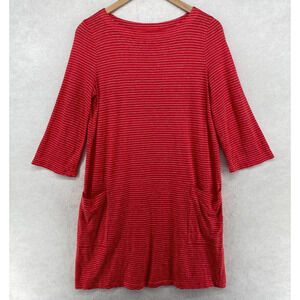 EILEEN FISHER Dress XS Organic Linen Jersey Striped Shift Tunic 3/4 Sleeve Red